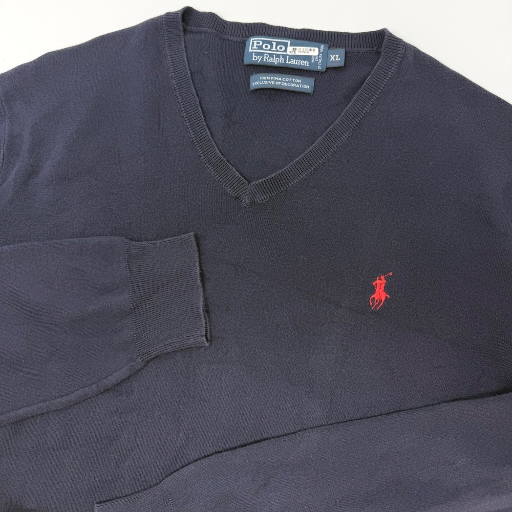 Polo Ralph Lauren Mens XL Navy Blue 100% Pima Cotton V-Neck Sweater Pony Logo